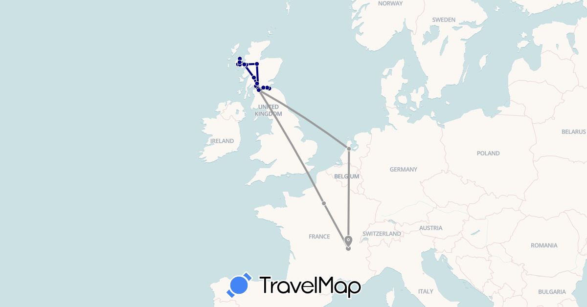 TravelMap itinerary: driving, plane in France, United Kingdom, Netherlands (Europe)