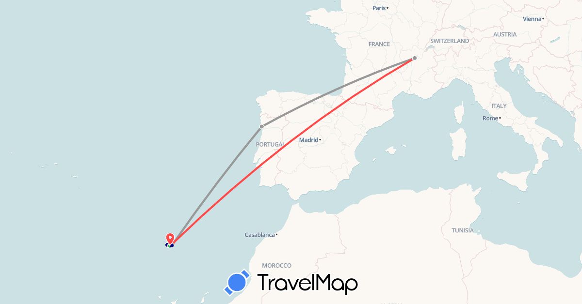 TravelMap itinerary: driving, bus, plane, hiking in France, Portugal (Europe)